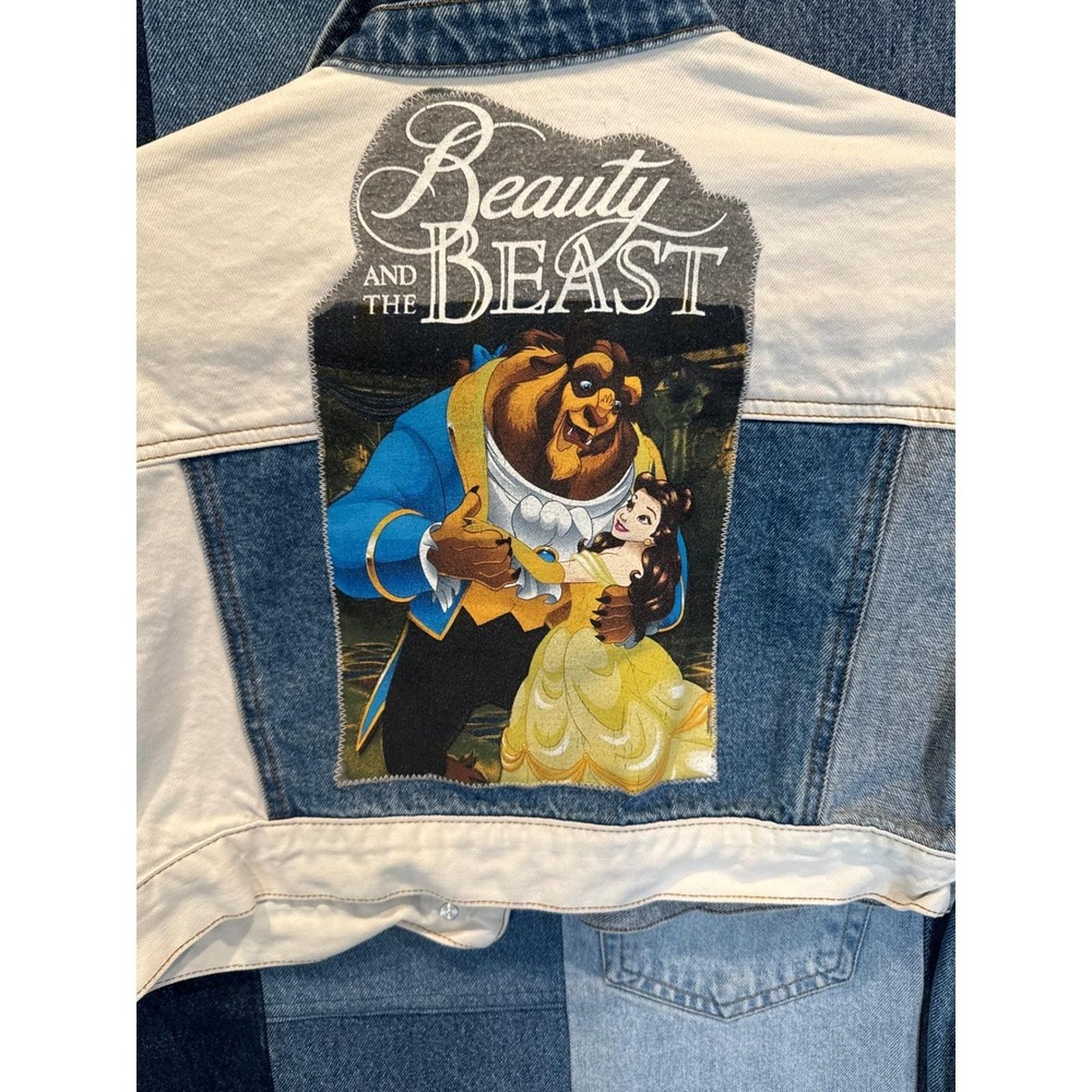 Upcycled Beauty and the‎ Beast Patchwork Cropped Denim Jacket Blue